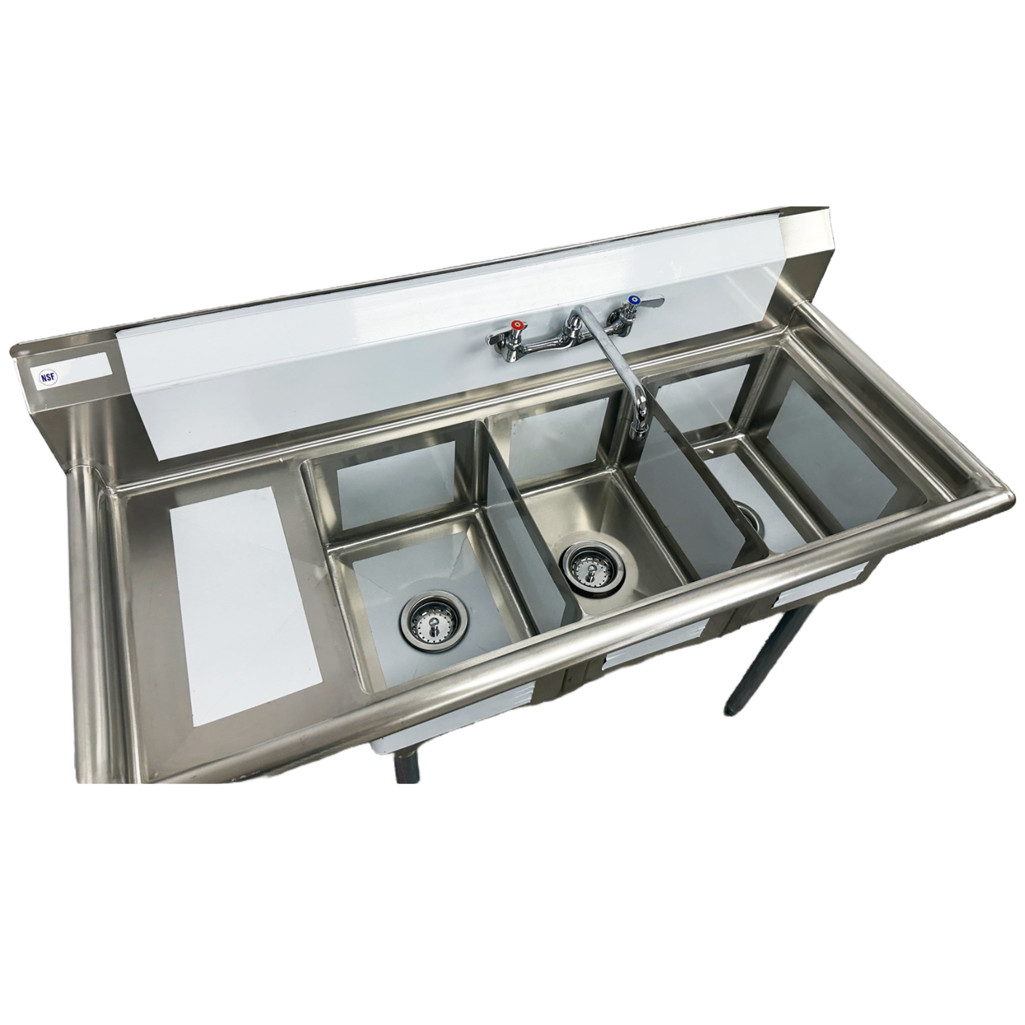 3 Compartment Utility Sink with Faucet, NSF Commercial Sink with Left Drainboard Sink, Restaurant Utility Kitchen Sink Triple Compartment Stainless Steel