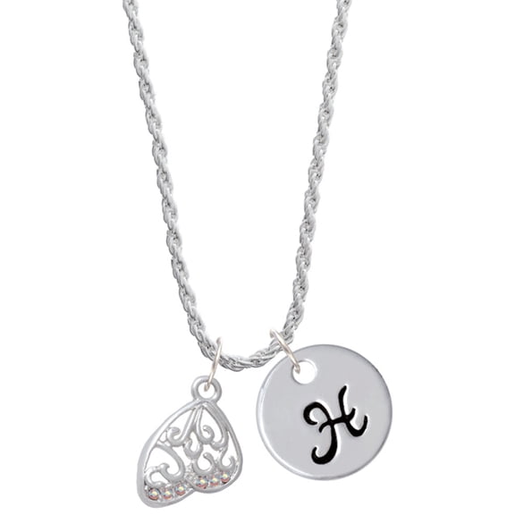 Delight Jewelry Silvertone Open Clear AB Crystal Butterfly Wing Silvertone Script Initial Disc - H - Charm Necklace, 20"+3"