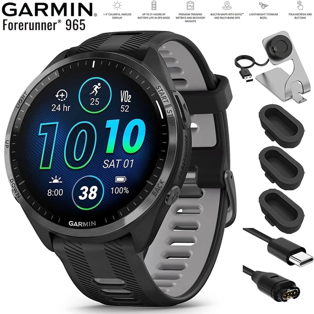 Garmin 010-02809-00 Forerunner 965 Running Smartwatch Black and Powder Gray Bundle with Deco Essentials Charging Dock, Silicone Dust Cover 3 Pack and USB Type C Charging and Sync Cable