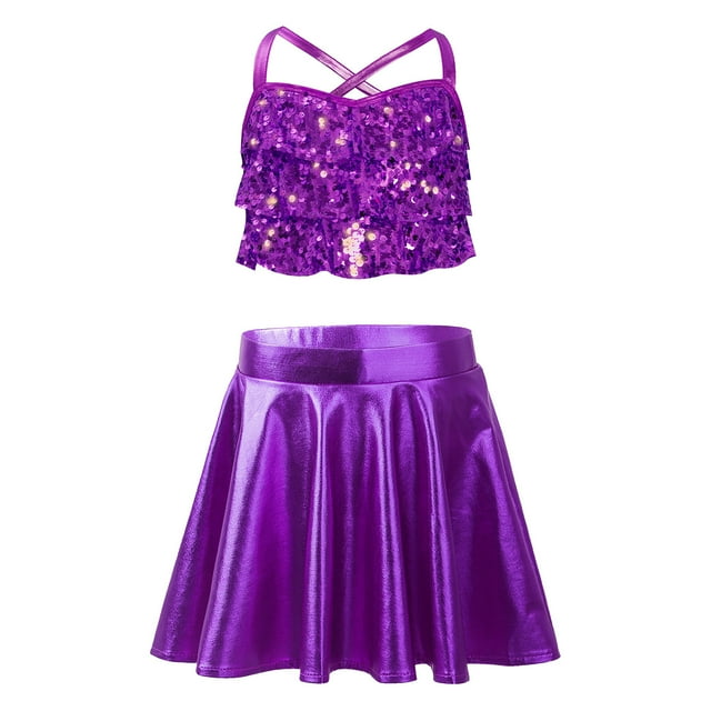 HULIJA Kids Girls Jazz Dance Costume Sequins Stage Performance Outfits Ruffles Crop Top with Metallic Skirt Purple 8