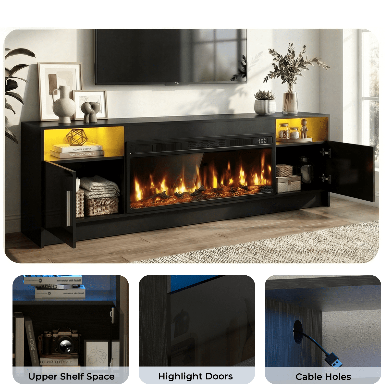 Flictozena 70" TV Stand with 36-Inch Electric Fireplace, Adjustable LED Lights & Storage | Fits TVs Up to 80 Inches | Modern Entertainment Center with Glossy Black Doors