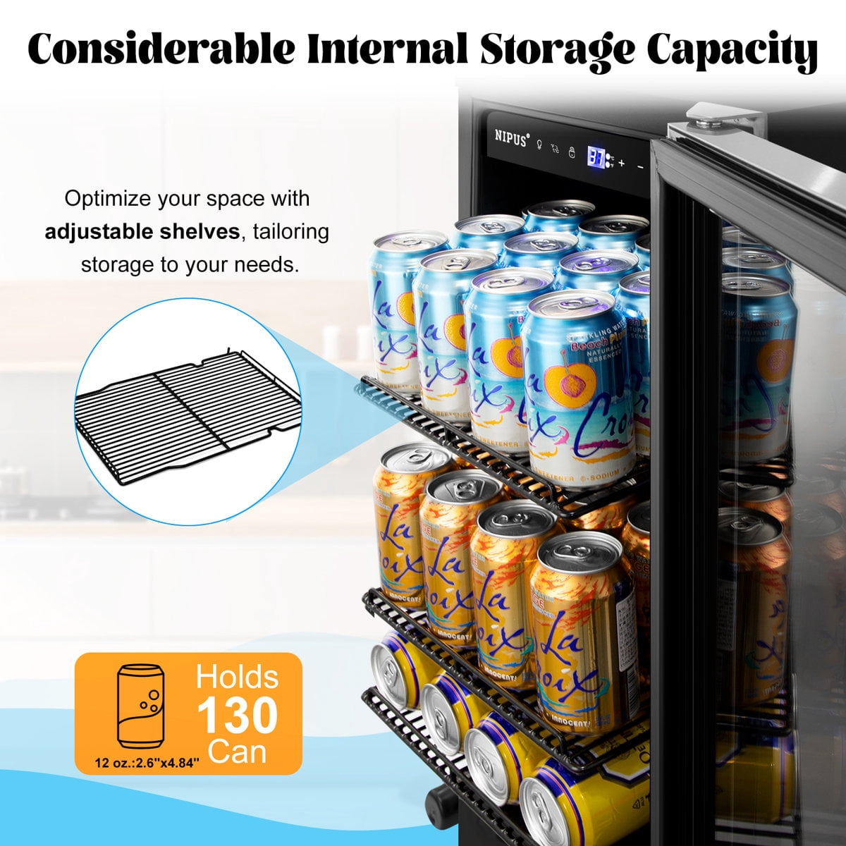 15 Inch Built-in/Freestanding Beverage Refrigerator Cooler 130 Can Beer Cooler Mini Beer Drink Fridge with Glass Door and Lock Under Counter Classic Series