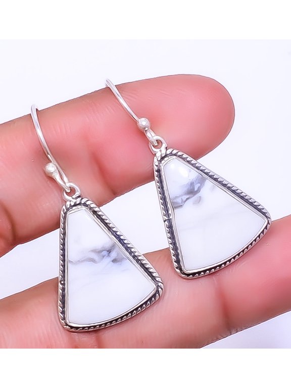 Howlite - Usa Gemstone 925 Sterling Silver Handmade Bali Earring 1.56" A370, Handmade Jewelry, Dangle Earring