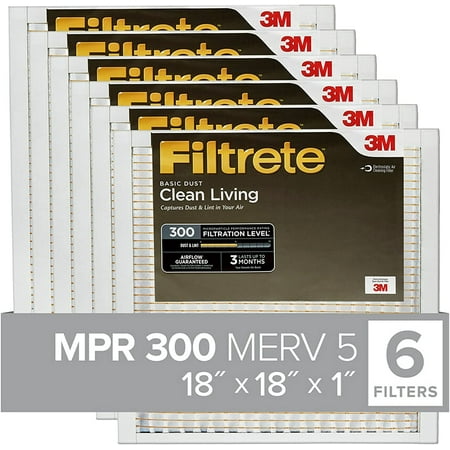 Filtrete Air Filter  MPR 300  MERV 5  Clean Living Basic Dust 3-Month Pleated 1-Inch Air Filters  6 Filters  White
