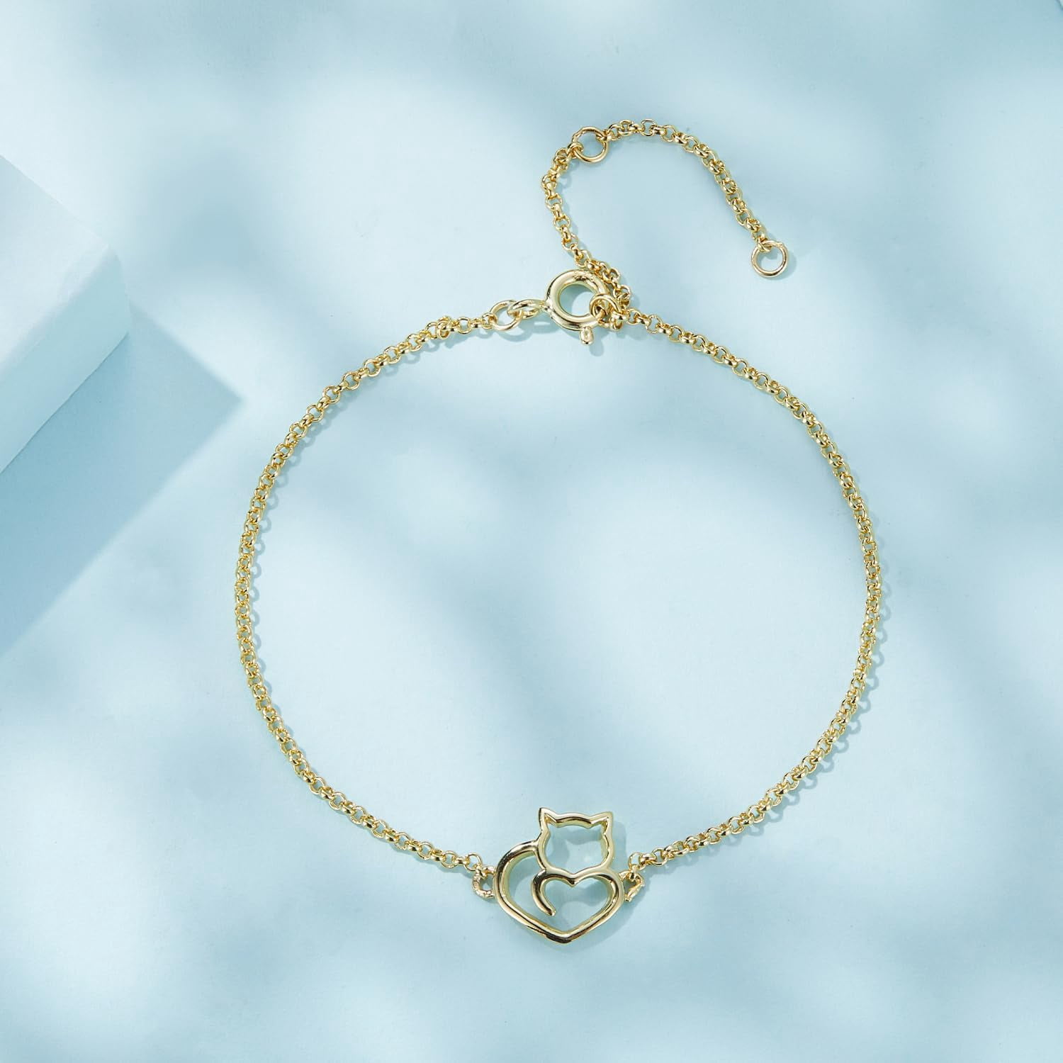 925 Sterling Silver Chain Bracelet with Cat Love Heart Charm Adjustable Plated Gold Bracelets with Chain Length 6.5in-7.9in, Best Jewelry Gift for Girls Women Cat Lovers