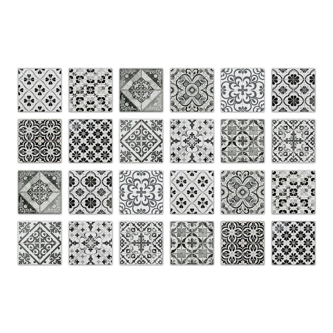 24Sheet Self Adhesive Tile Sticker Peel and Stick Backsplash 7.87" x 7.87" DIY Decor Gray Black Flowers Wall Stickers Waterproof Vinyl Decals