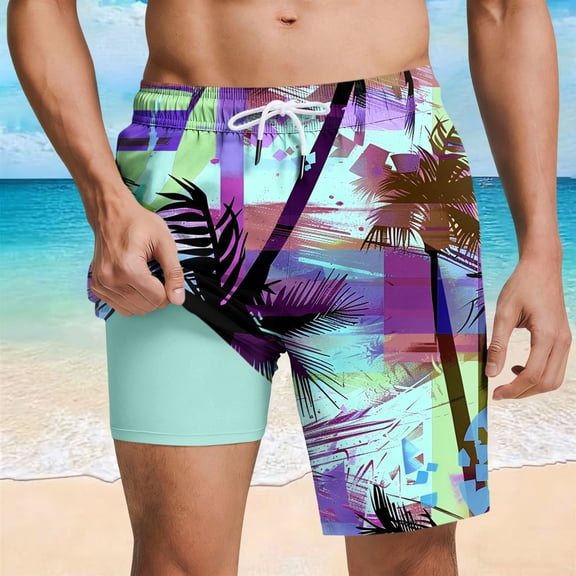 COSFO Big and Tall Swim Trunks for Men Hawaiian Casual Compression Liner Beach Board Shorts with Pockets Relaxed Fit Swimming Elastic Waist Drawstring Swimwear