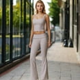 thumbnail image 3 of Foldover Waist Flare Leg Yoga Pants in Ribbed Knit - Medium, Beige, 3 of 6