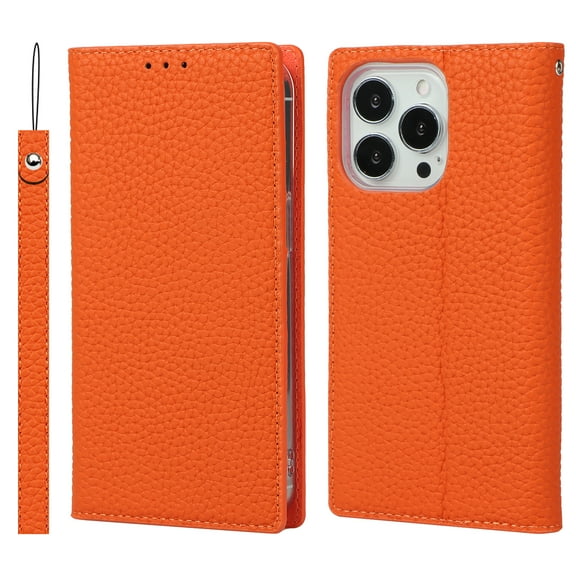 SaniMore Wallet Case for iPhone 14 Pro Max 6.7" 2022, Wrist Strap Flip Kickstand Card Slots Genuine PU Leather Shockproof TPU Shell Anti-fall Full-body Protective Cover For iPhone 14 Pro Max, Orange