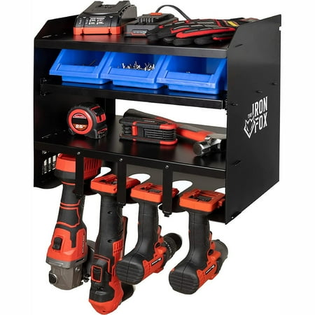 

Wall-mounted 3-level power tool organizer system with 3 bins and sliding shelf