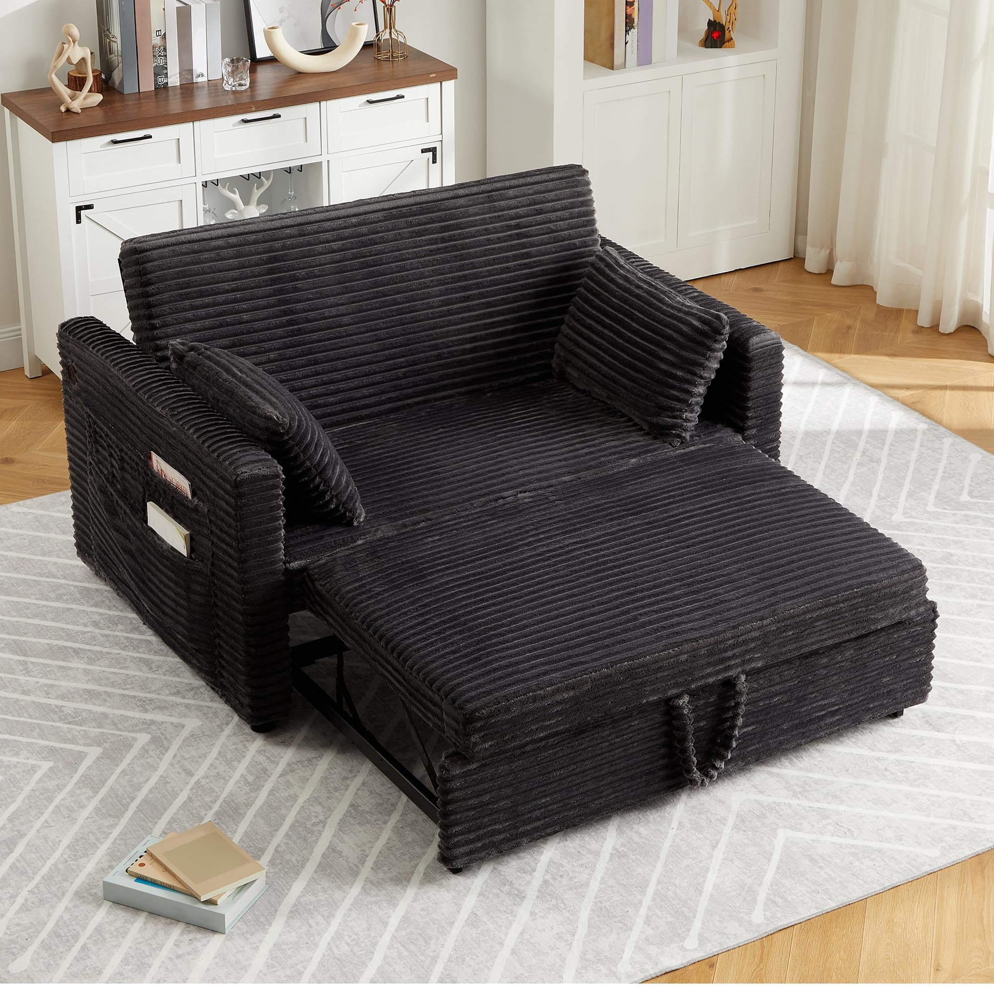 48'' Corduroy Loveseat Sleeper Sofa Bed with Pull-Out Bed, Adjustable Backrest & Charging Ports for Living Room, Bedroom & Apartment