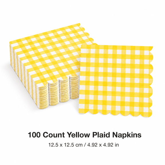 100Pcs Yellow Gingham Napkins, Disposable Scalloped Cocktail Napkins for Birthday Wedding Summer Party Decor, 9.8x9.8 inch