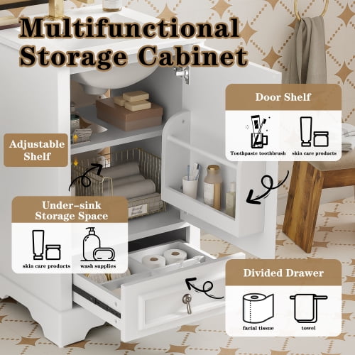 20 Inch Bathroom Vanity with Undermount Ceramic Sink  Free-standing with Soft-Close Doors and Drawers,Adjustable U-Shaped Shelf