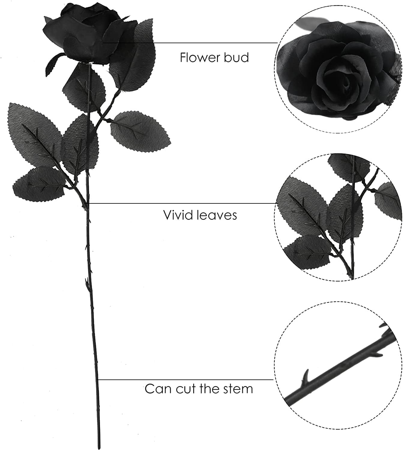 10pcs Black and White Roses Artificial Flowers with Stems, Faux Silk Flowers Bridal Gothic Wedding Bouquet, Realistic Blossom Flora for Home, Office, Hotel Decorations