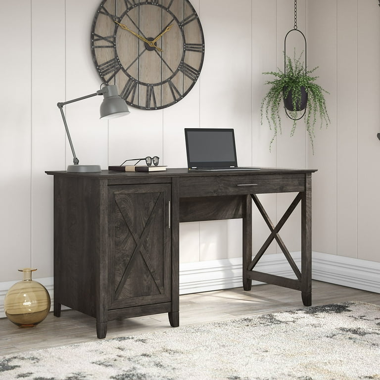 Bush Furniture Key West 54W Computer Desk with Keyboard Tray and Storage Dark Gray Hickory