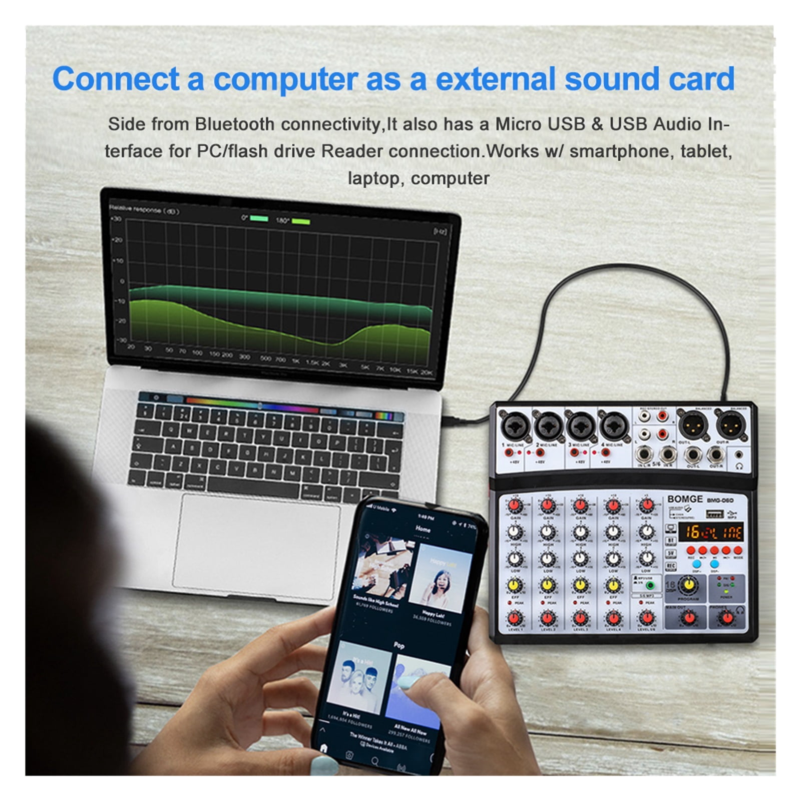 Professional 6 Channel DJ Sound Mixer 16DSP Interface Mixing Console Desktop with MP3 Input ,Easy to Operate
