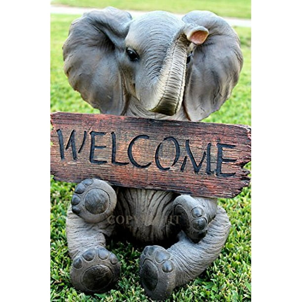 Majestic Safari Wildlife Adorable Elephant Pachy Salute Welcome Sign Figurine As Greeter on Pathways Patio Deck Decor Statue