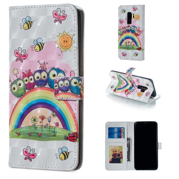 Galaxy S9 Plus Case, Galaxy S9 Plus 2018 Case, Allytech 3D Emboss PU Leather Flip Protective Wallet Stand Cover & Credit Card Slots Pocket for Samsung Galaxy S9 Plus (6.2") (Rainbow Owl)