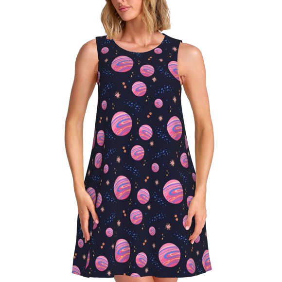 Bixox Pink Planets And Stars Print Women's Sleeveless A-Line Dress with Pockets, Casual Knee-Length Tank Dress for Summer-Large