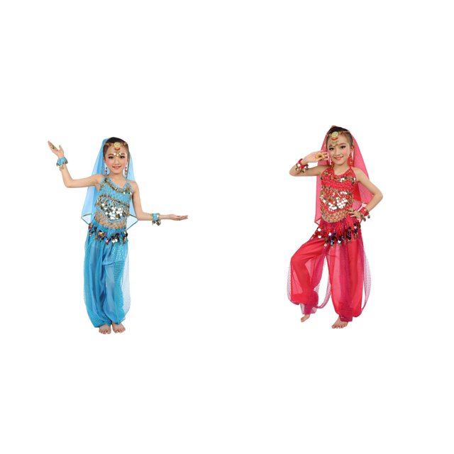 (2-Pack) Rinsvye Kids Belly Dance Glitter Mesh Performance Outfit Festival Wear Stage Show Net Skirt Top Set Dance Party