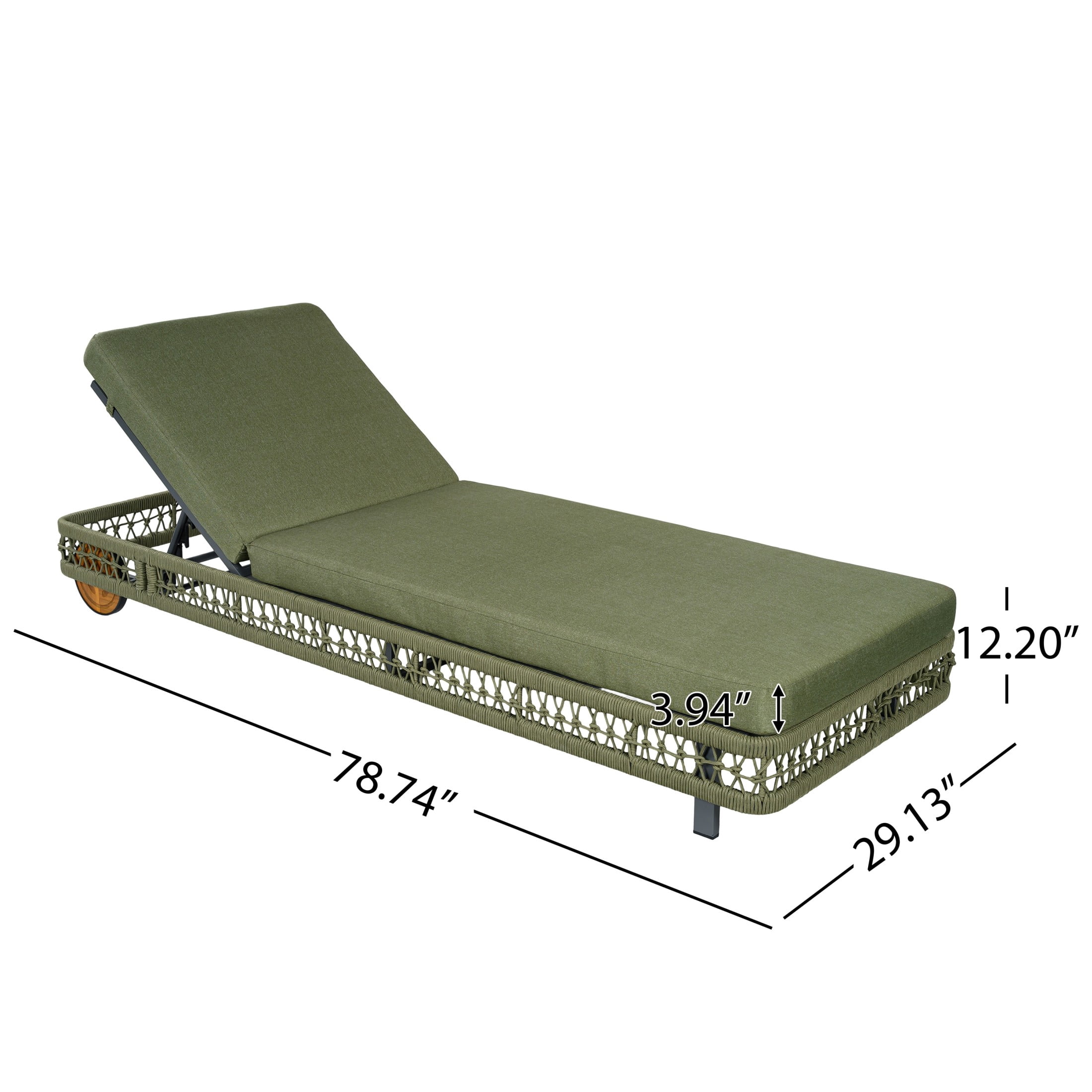 Christopher Knight Home Outdoor Woven Rope Chaise Lounge with Wheels, Adjustable Backrest, Steel Frame, Green