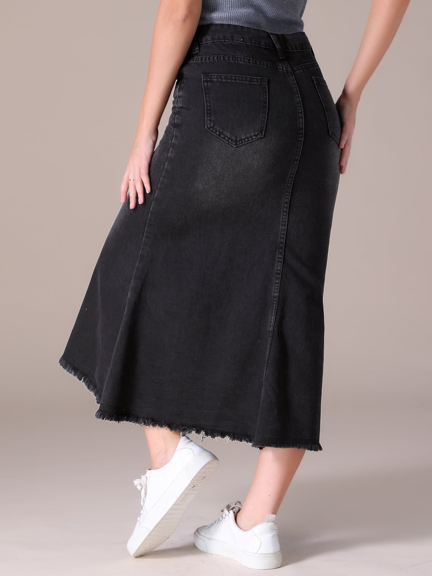 Unique Bargains Women's Long Denim Skirts Split A-Line Fishtail Jean Skirt M Black