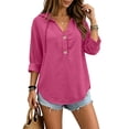 thumbnail image 5 of Women's V Neck Button Front Hoodie, Long Sleeve Drawstring Top, Casual Pullover Shirt for Spring Summer | CSEONE,Hot Pink XL, 5 of 9