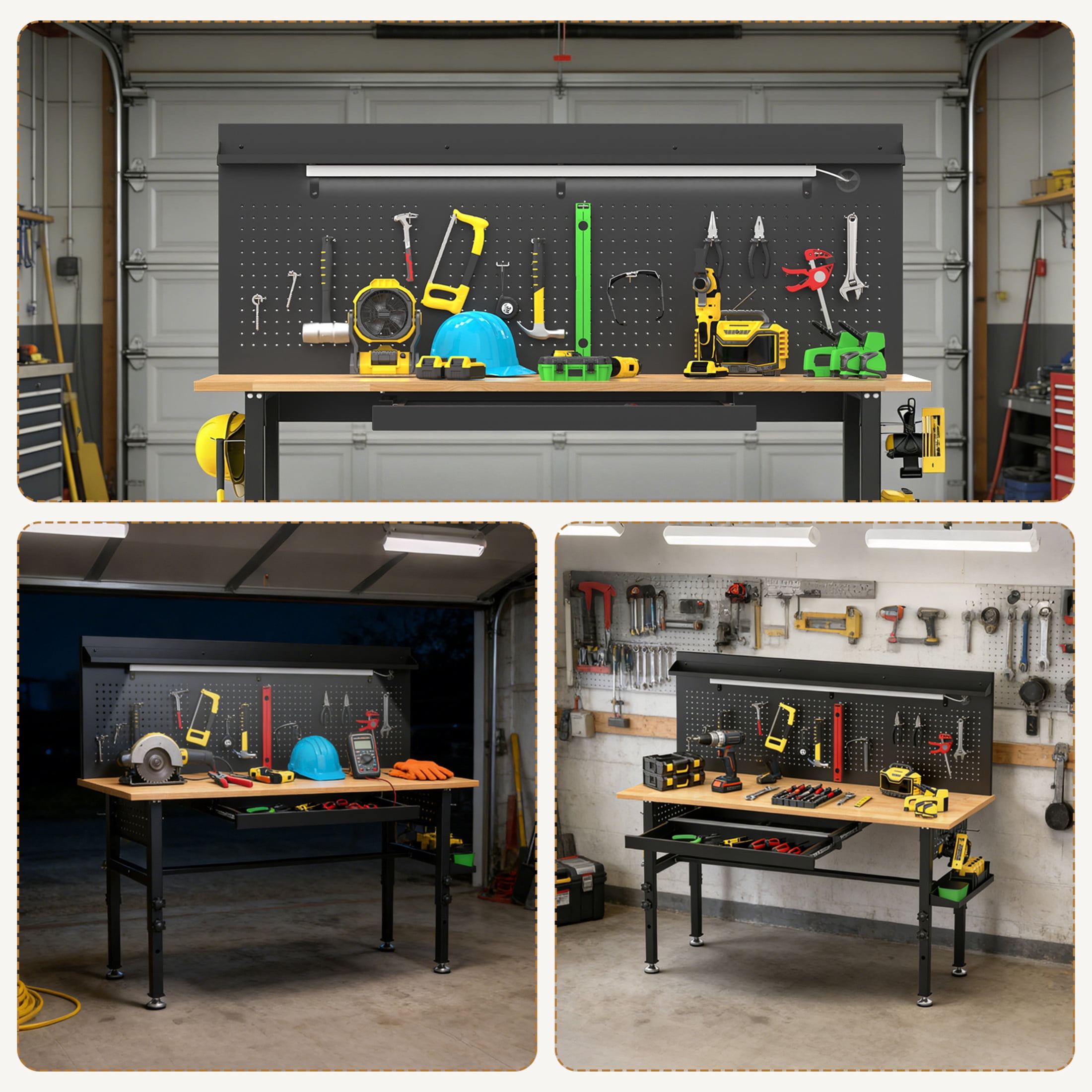 Noble House 60" Adjustable Height Workbench with Solid Wood Top, Heavy Duty Garage Work Table with Power Outlet, Black