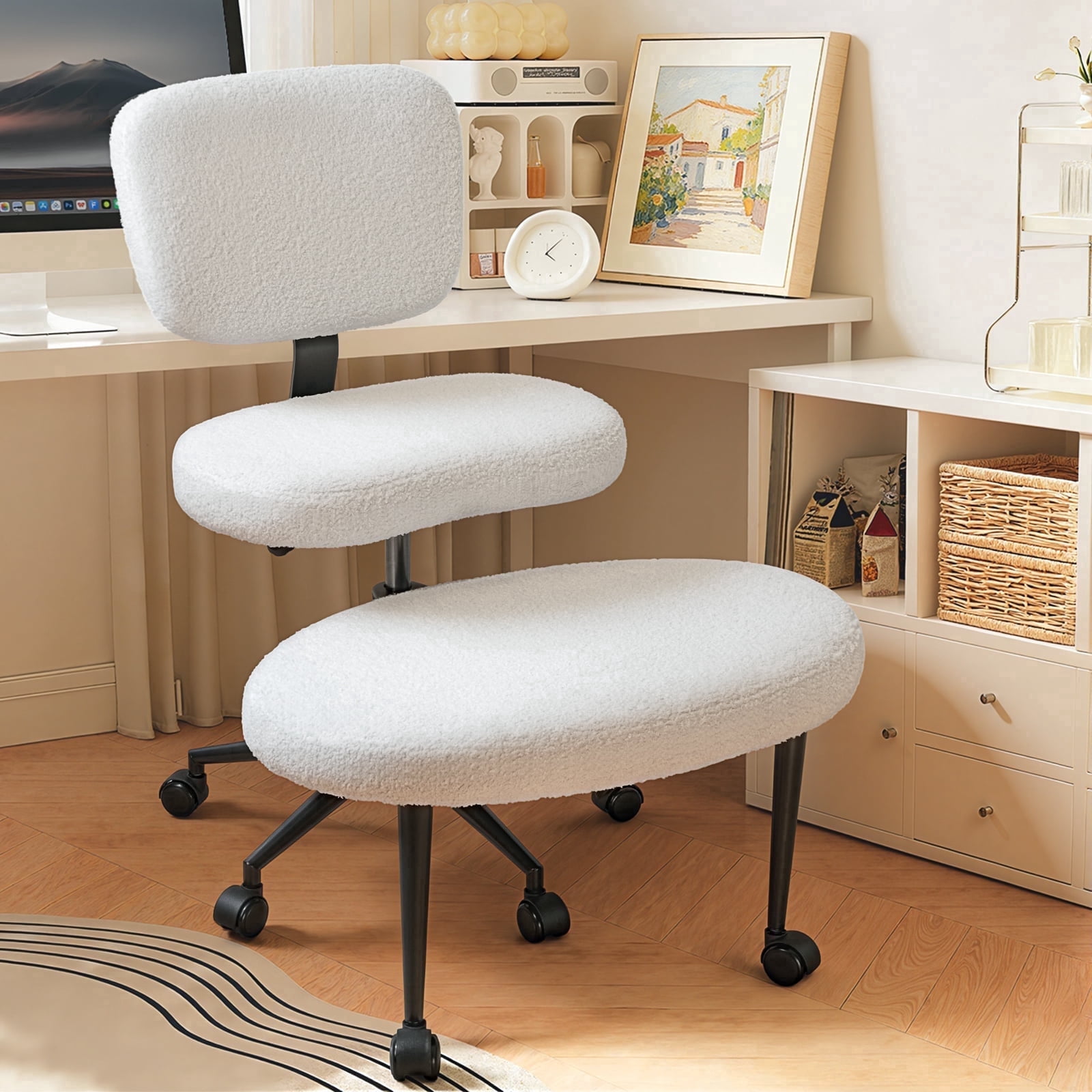 Waleaf Ergonomic Cross Legged Chair, 360° Swivel Height Adjustable Desk Chair with Wheels for ADHD,Teddy Fabric and Lumbar Support