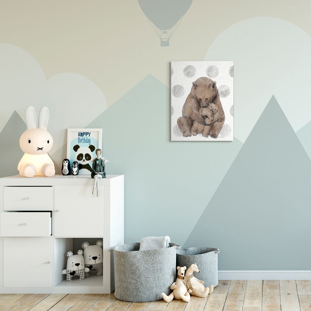 Stupell Industries Nursery Bear and Cub Illustration Neutral Polka Dots Canvas Wall Art Design by Daphne Polselli