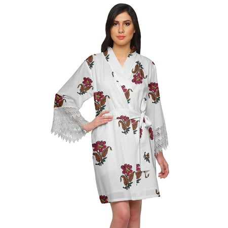 

Moomaya Printed Short Robes For Women Cotton Robes For Women With Lace Trim