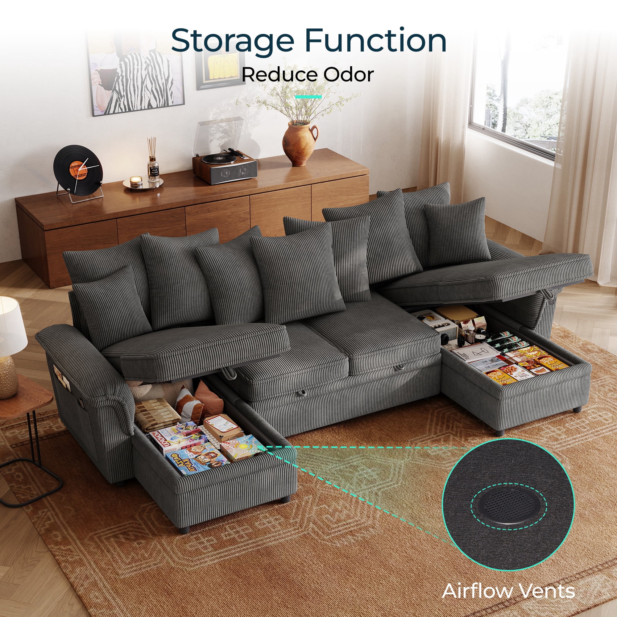 LINSY HOME Oversized 119" Sleeper Sofa Bed with Reversible Storage Chaise, Pull Out Couch Bed with USB, Side Pocket & Two Pillows, Grey