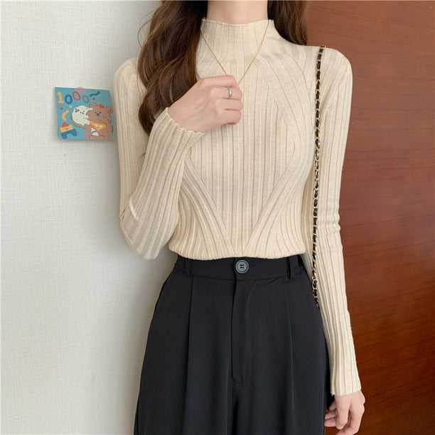 Suéter de punto acanalado para mujer, jersey de cuello medio alto, ropa de calle elegante delgada, Top Y2K de manga larga, Otoño e Invierno