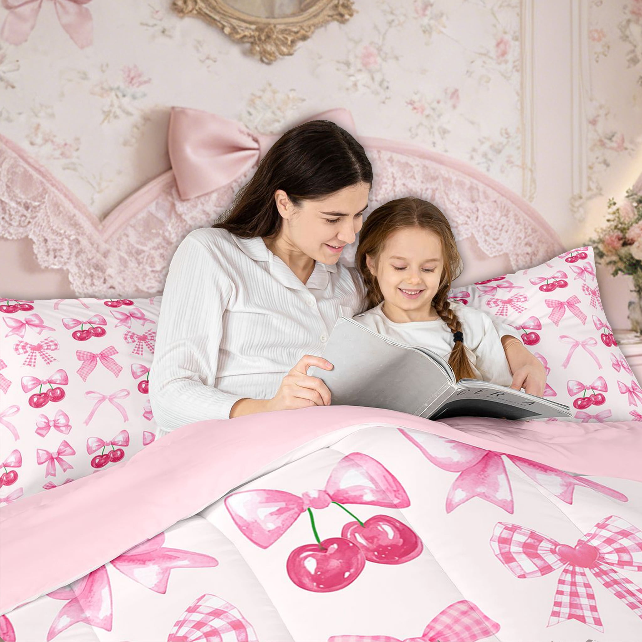Erosebridal Pink Plaid Bow Bedding Comforter Sets Twin Cute Bowknot Comforter Set Grids Ribbon Bow Cherry Bedding Set Kawaii Watercolor Duvet Insert Teen Women Room Decor 2 Pcs