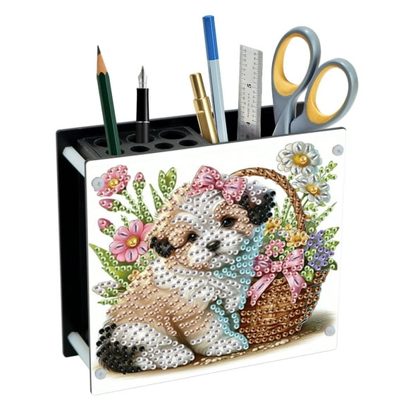 Flower Basket Puppy Diamond Art Painting Kit Pencil Holder