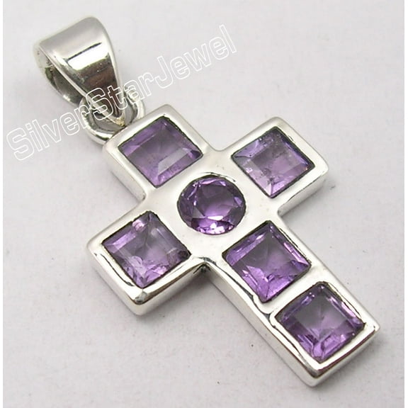 SilverStarJewel .925 Solid Silver Amazing Cut Amethyst 6 Stone Handmade Large Pendant 1.2"