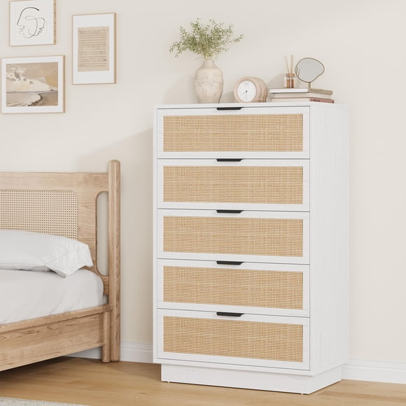 Vertical Narrow 5-Drawer Rattan Chest - MDF+PB Durable Construction, Space-Saving Woven Storage for Entryway