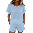 thumbnail image 2 of Gamivast 2 Piece Summer Outfits for Women Casual Linen Textured Short Sleeve Top and Drawstring Shorts Set Loose Fit Matching Lounge Sweatsuits Vacation Streetwear Pajamas Blue XXXL, 2 of 7