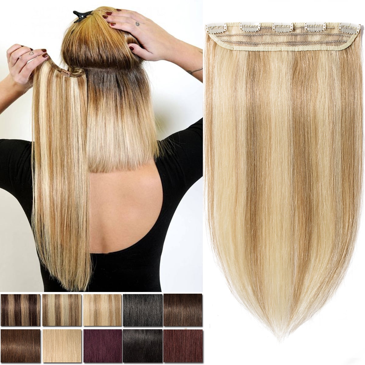 SEGO Blonde Clip in Human Hair Extensions Balayage One Piece Soft Straight  3/4 Full Head Hair Pieces for Women 