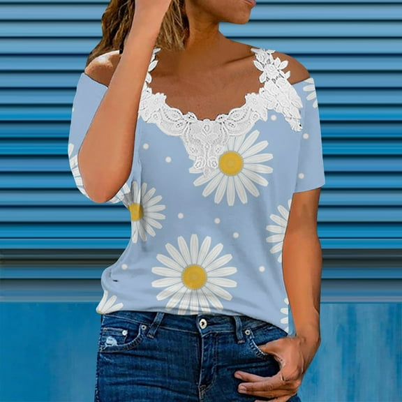 Summer Saving Wycnly Womens Tops Daisy Print Short Sleeve V-Neck Tee Shirts Summer Sexy Lace Trim Cold Shoulder Strap Tunic Blouse Light Blue XL Clothes