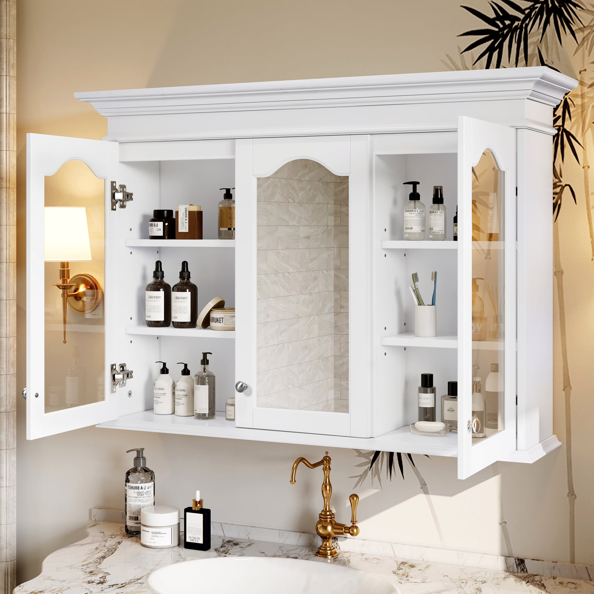 Euroco 40" Medicine Cabinet with Mirror, Bathroom Storage Cabinet with Mirror Door and Shelves, Wall Mounted Bathroom Cabinet with Glass Doors