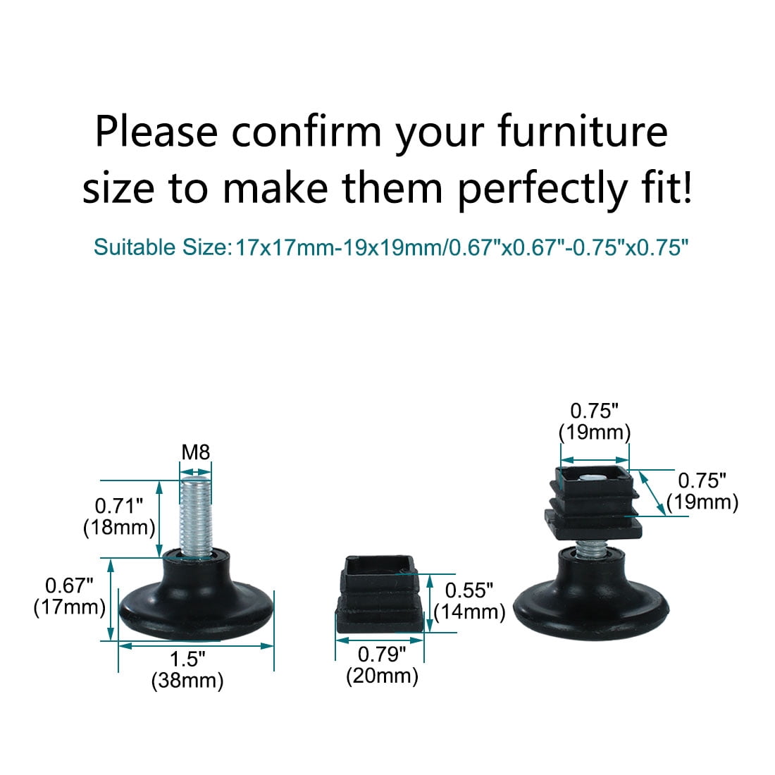 Unique Bargains 10Pcs Adjustable Feet Square Inserts Furniture Glide Black 0.79" x 0.79"