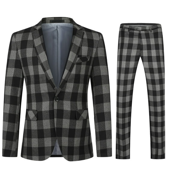 Cloudstyle Men's Slim Fit Single-Breasted Notch Lapel Blazer & Trousers 2-Piece Suit Set, Modern Checkered Pattern