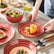 MALACASA 24 pcs Dinnerware Sets, Plates and Bowls Set for 6, Stoneware Dinner Set, Red