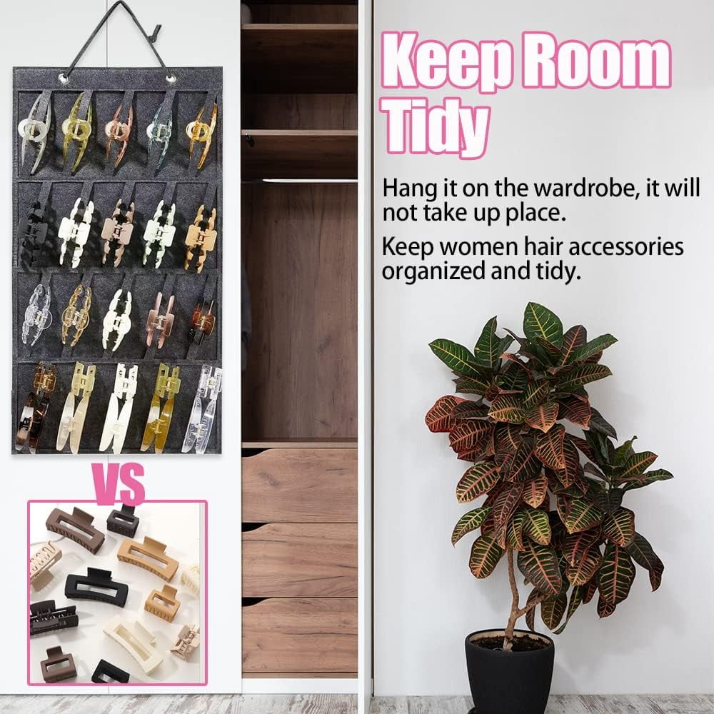 RGHJAR-Claw Clip Organizer,Large Hair Clip Organizer,Premium Felt Hanging Claws Clips Storage Hanger for Girls Women Hair Clip,Banana Clip,Bows(NO Accessories) Display Stand for Wall Door Closet (Dar