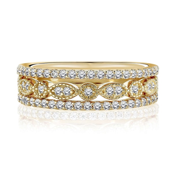 JeenMata Conjunto de Trío de Alianzas de Boda Armonizantes para Mujer en Oro Amarillo de 18 K sobre Plata