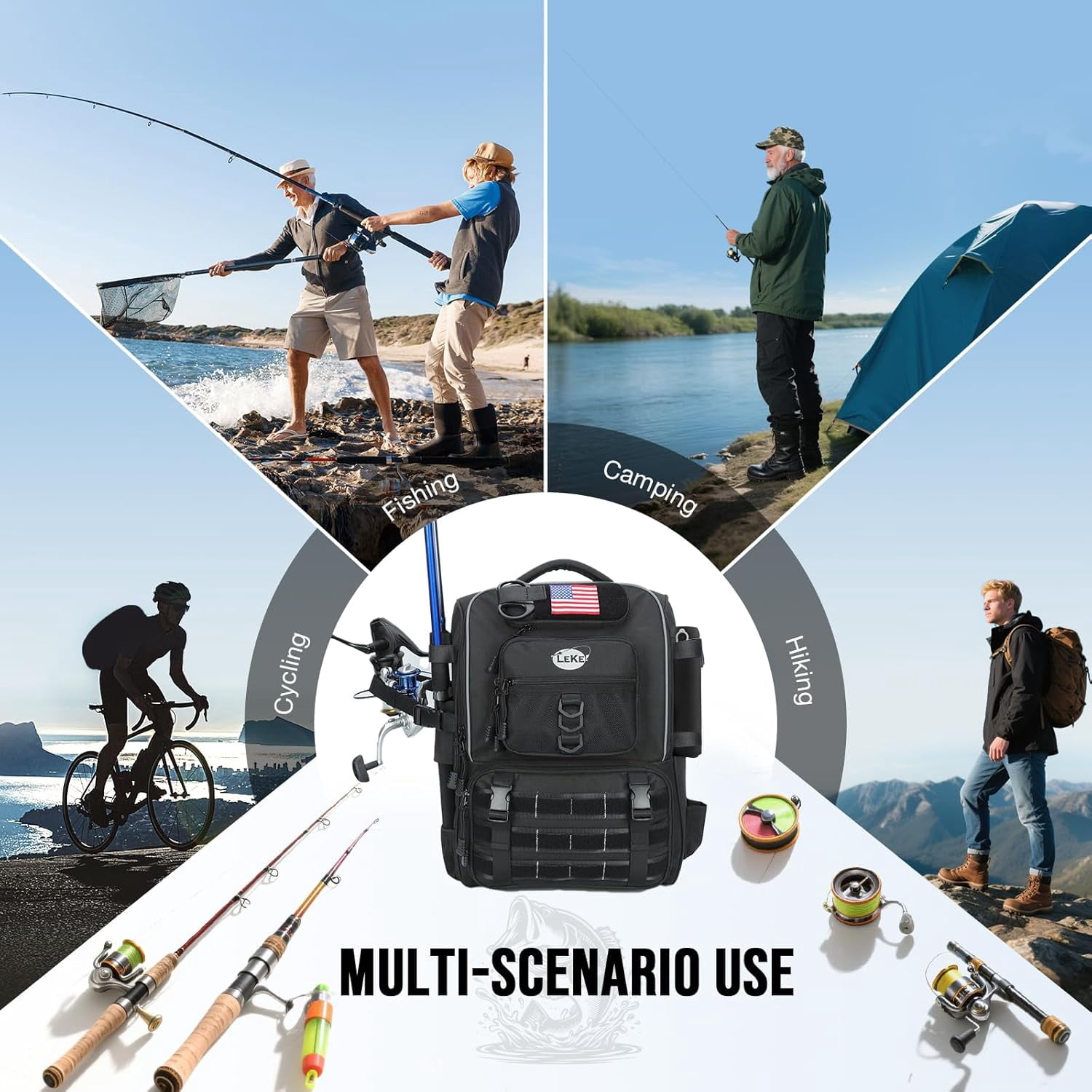 Lekesky Fishing Backpack with 4 Tackle Boxes, 40L Tackle Bag with Rod Holders, Tactical Storage Gear for Men, Black