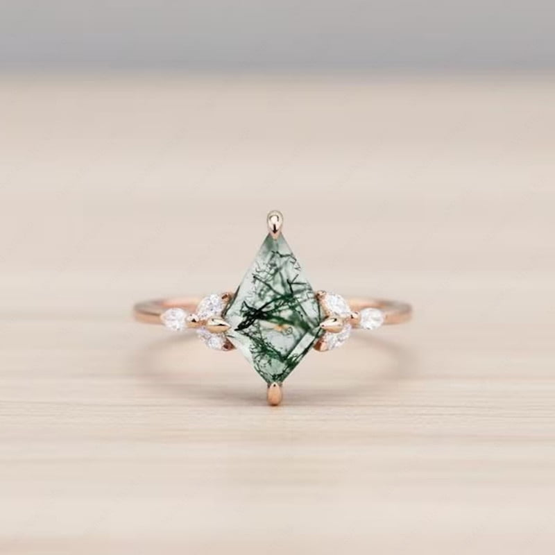 Kite Shape Moss Agate & Diamond Engagement Ring, Marquise Cut Diamond Wedding Ring, Stackable Anniversary Gift For Her, Minimalist Proposal Ring, Nature Inspired Ring, Junw Birthstone Ring