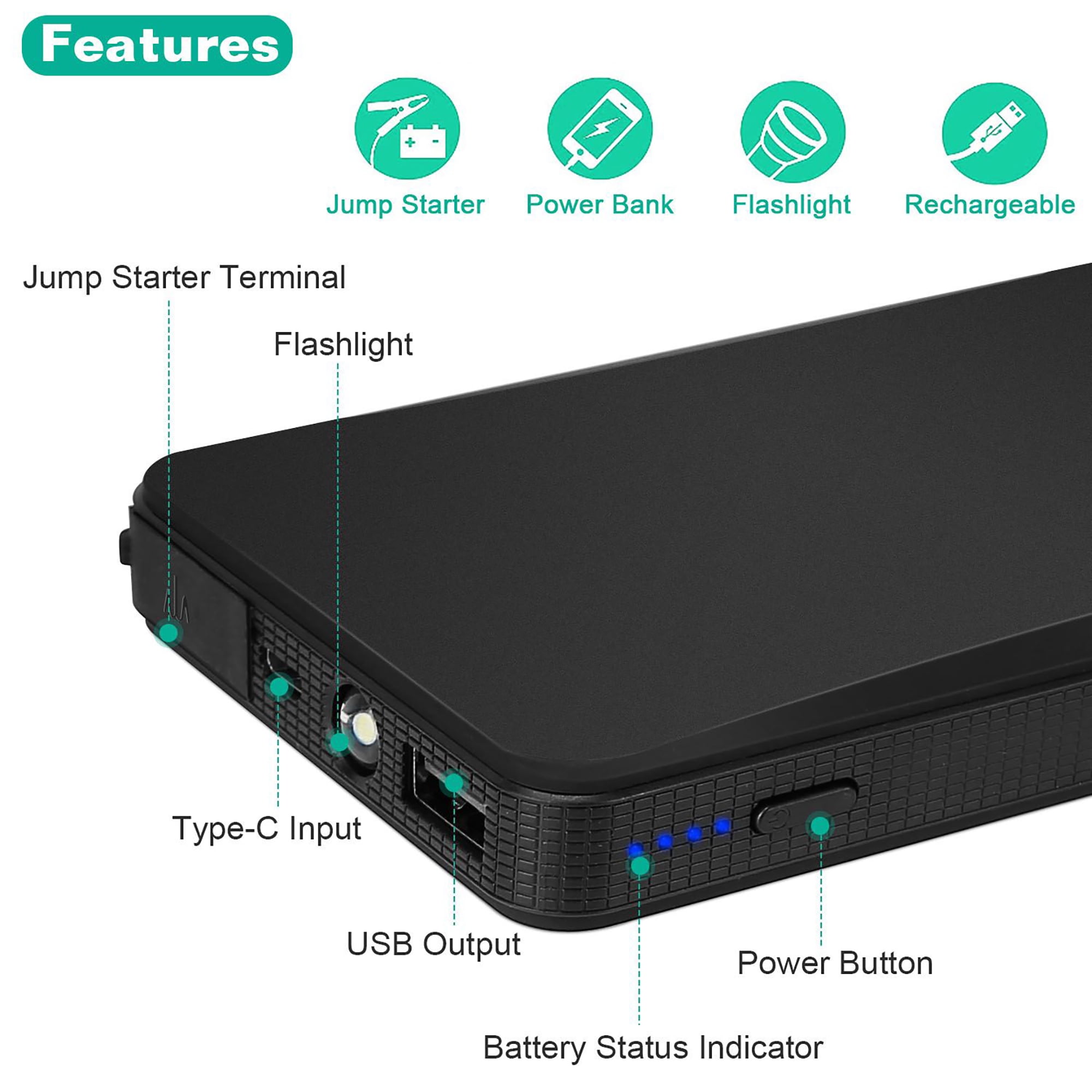 Portable 400A Jump Starter 20000mAh with Flashlight & USB Power Bank