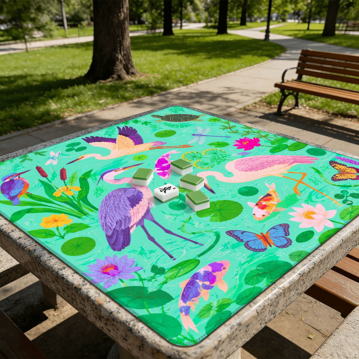 Mahjong Mat 31.5" x 31.5" Pink Colorful Fish Water Lilies Non-Slip Noise Reduction American Mahjong Tiles Table Cover for Dominoes Poker Card Board Games Gift